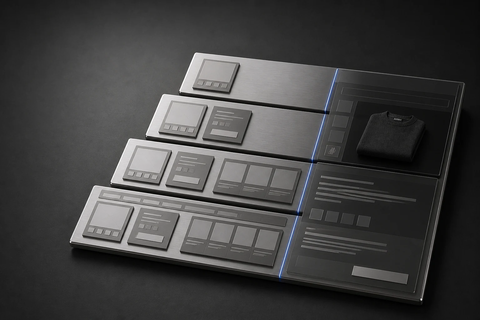 A stack of scope plates rising from one small bounded change to a full storefront build, with one plate bracketed.