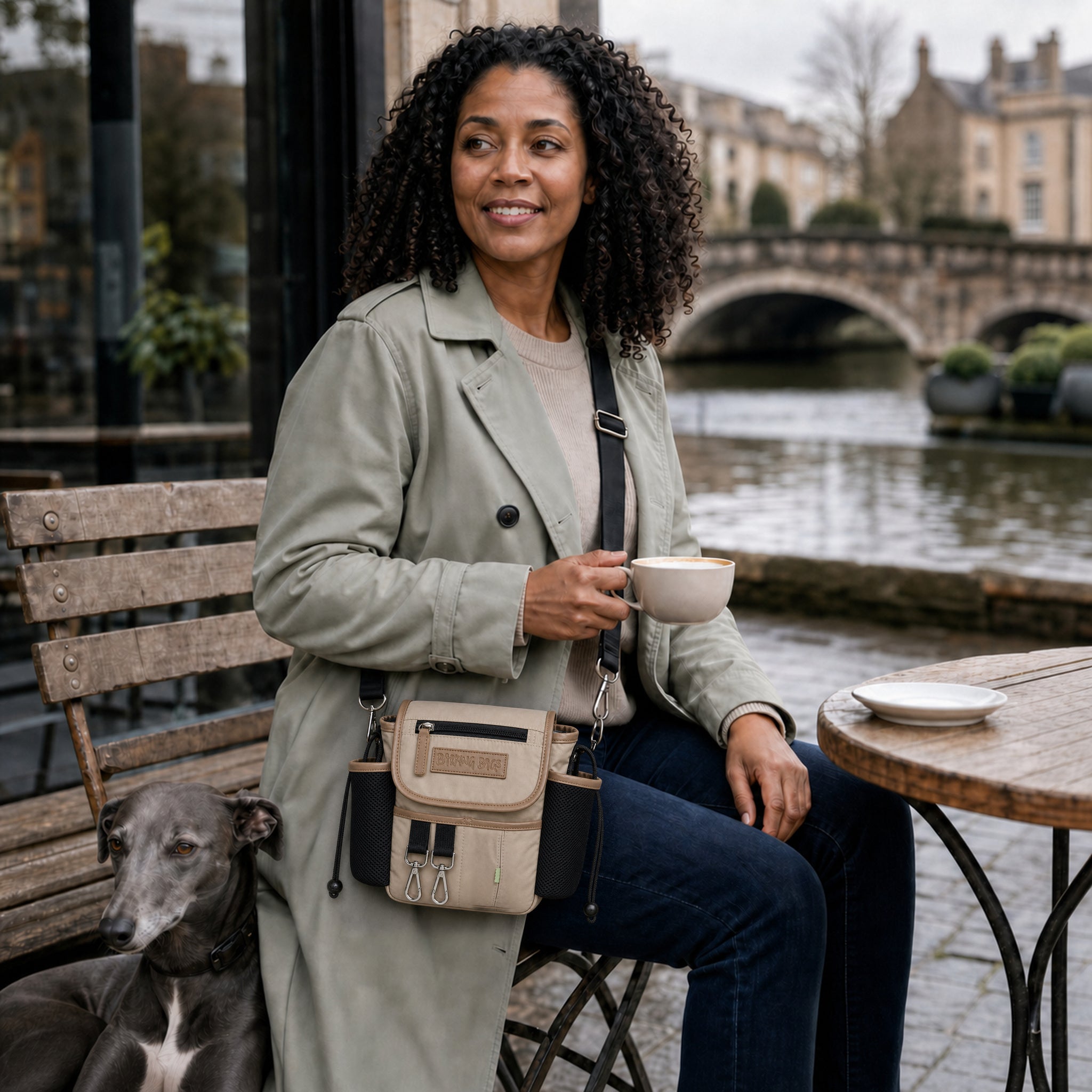 A woman sitting at a riverside café table with a whippet beside her, wearing a Barking Bags cross-body dog-walking bag.