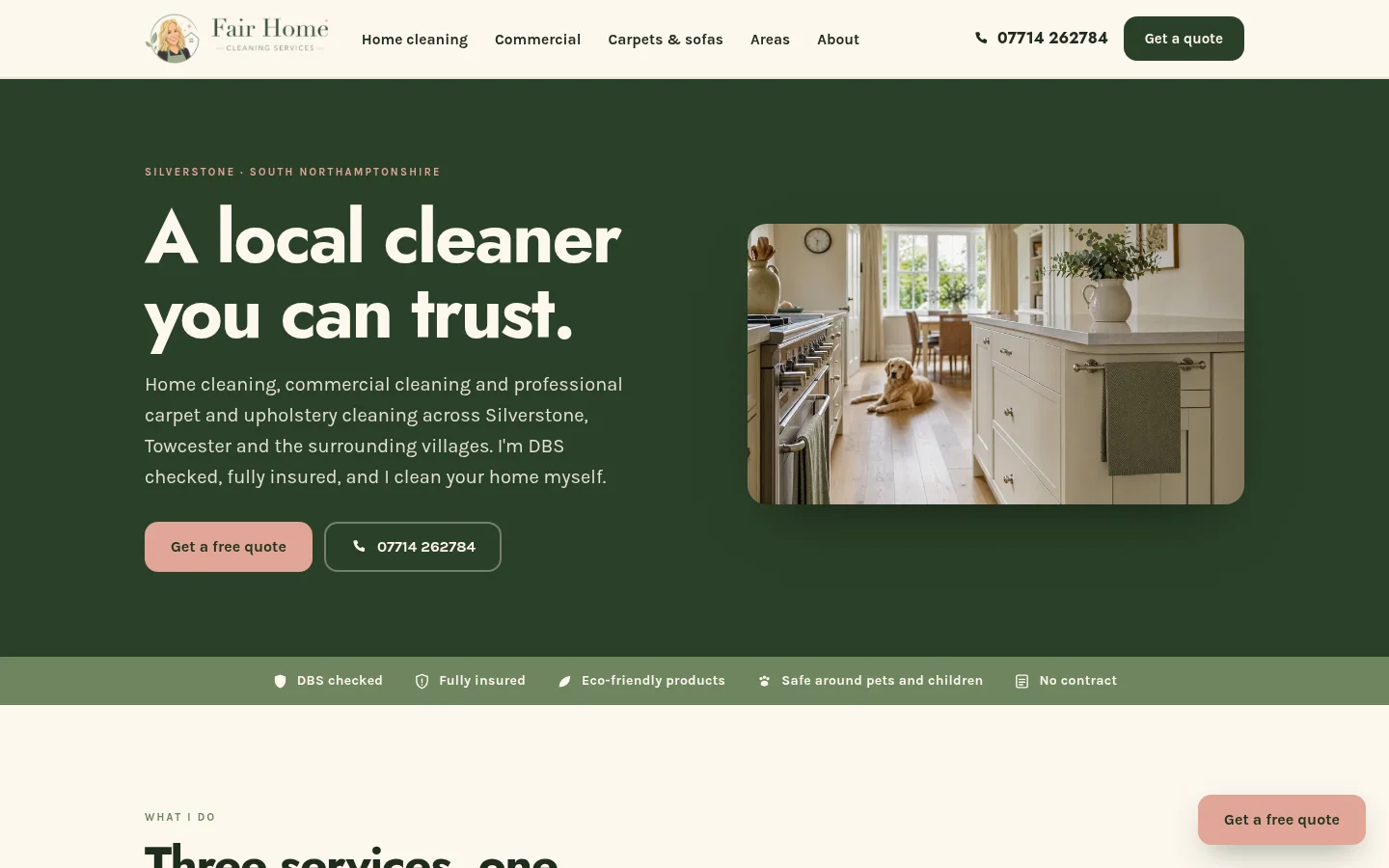 The Fair Home Cleaning homepage with its local cleaning proposition, trust points and quote route.