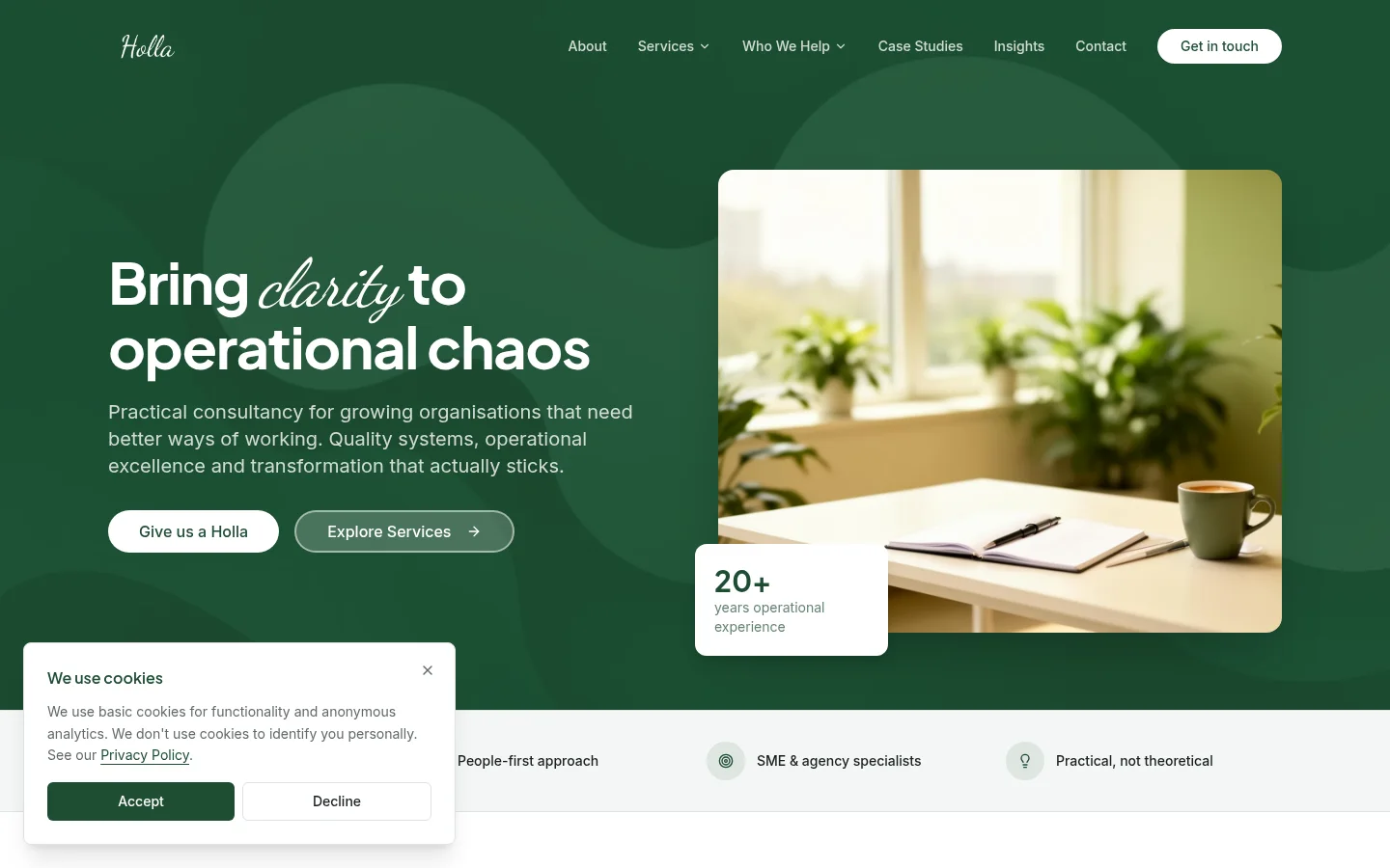 The Holla Consultancy homepage introducing operational consultancy for growing organisations.