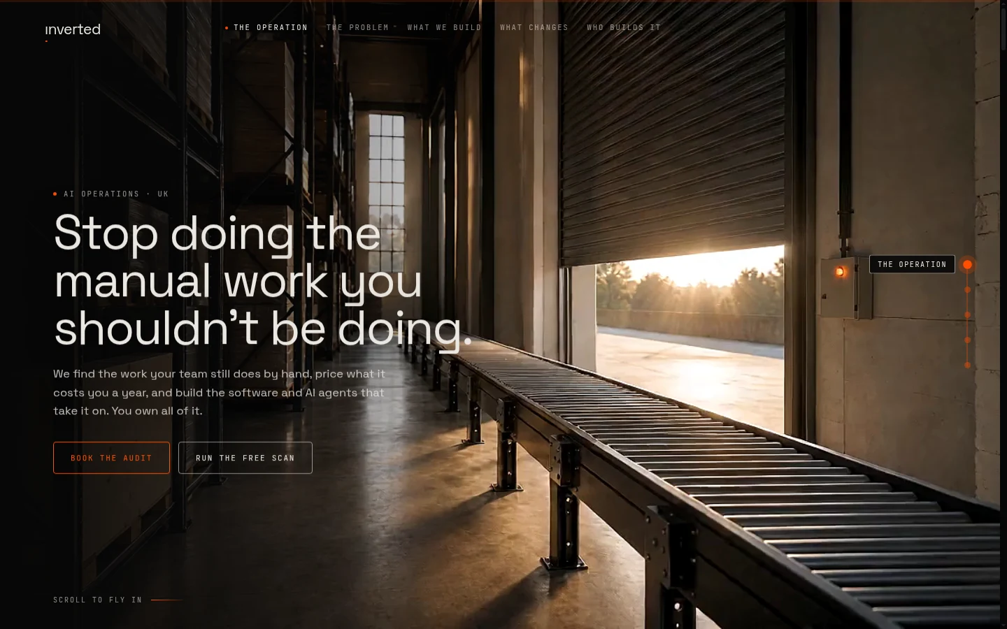 The Inverted.work homepage introducing an AI operations audit against a dark industrial conveyor backdrop.