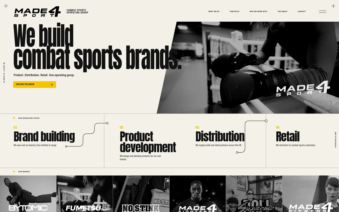The Made4Sport website homepage introducing its combat-sports brands, distribution and retail businesses.