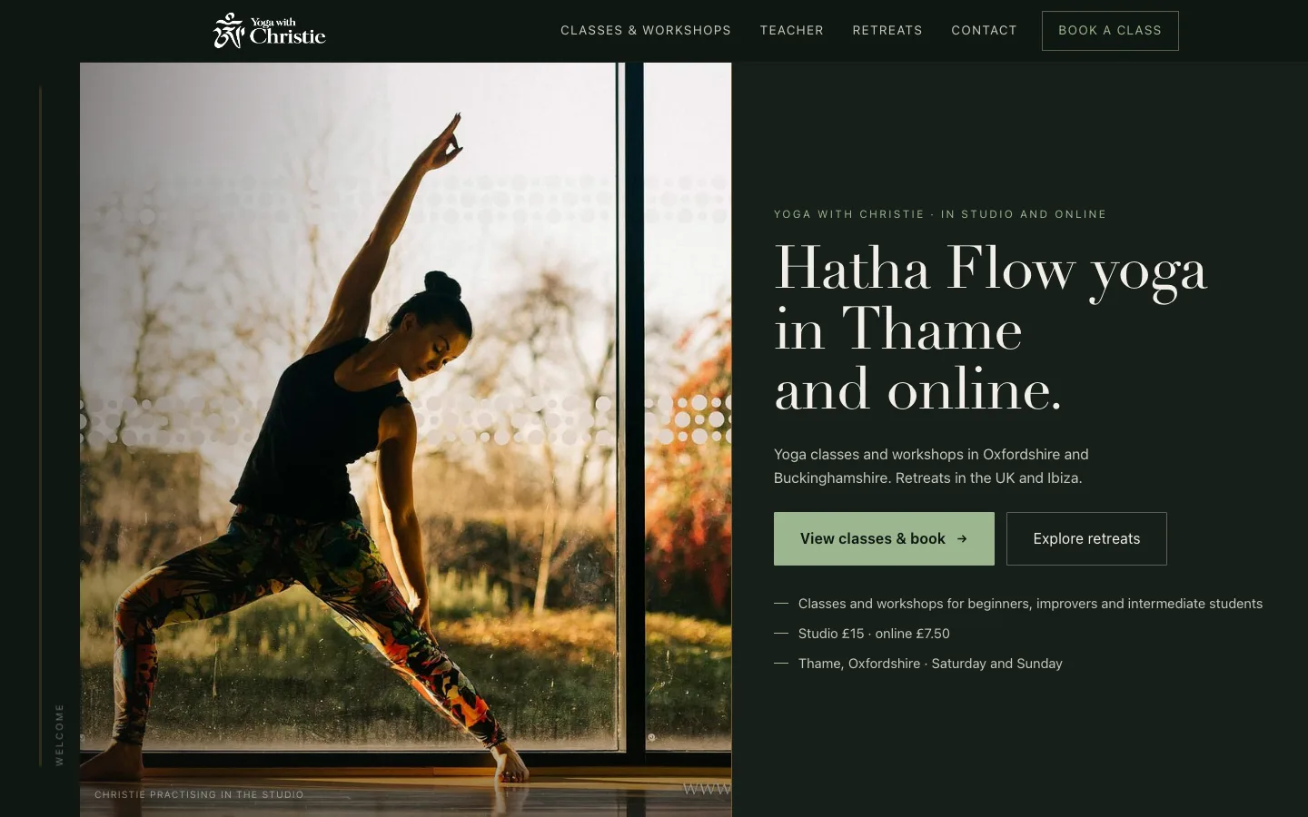 The Yoga with Christie homepage introducing Hatha Flow yoga classes in Thame and online.